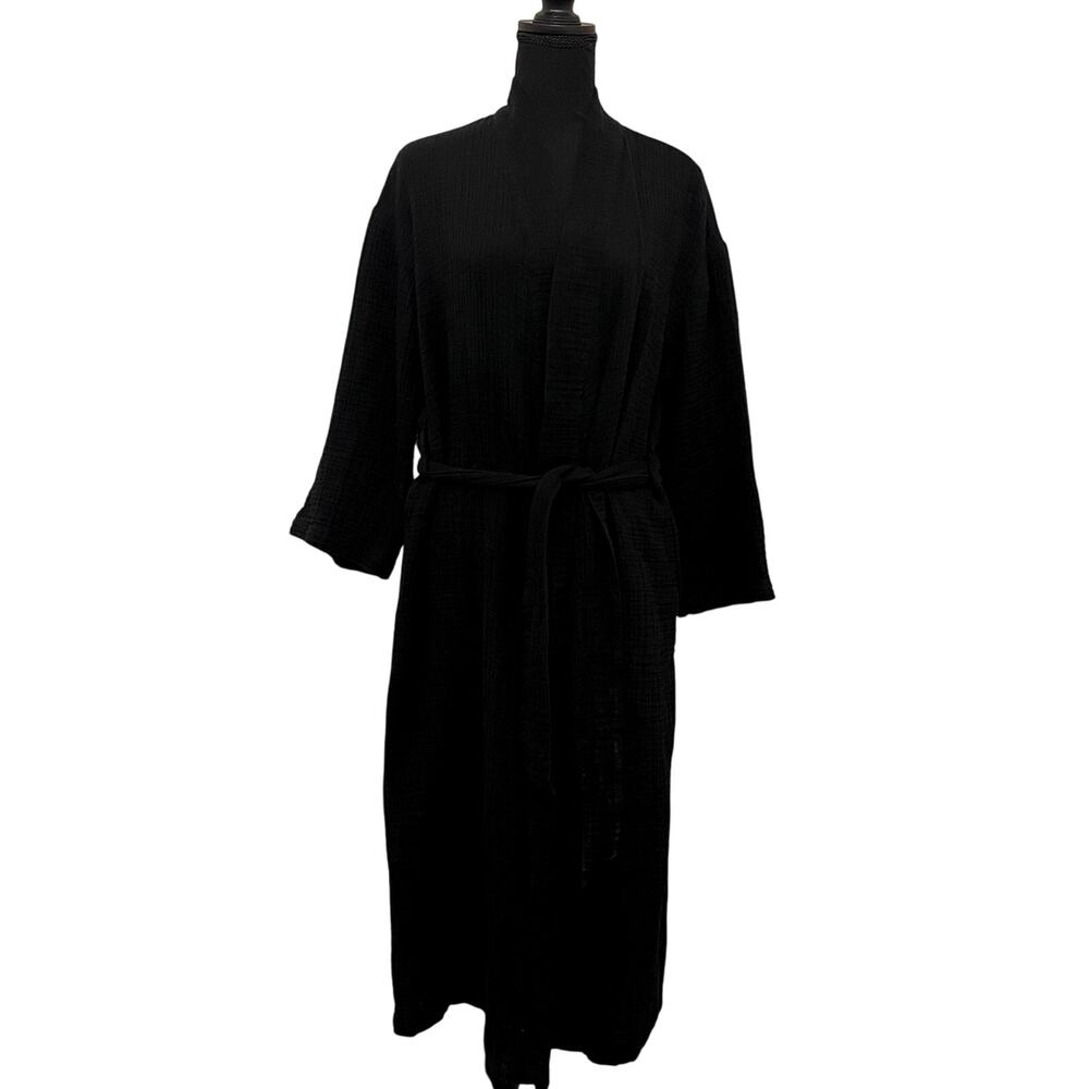J.Jill Black Sleep Cotton Gauze Womens Tie Front Robe Lounge Comfort Relax Sz S